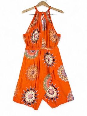 Floreat Orange Halter Midi Dress Size 10 Boho Medallion Print